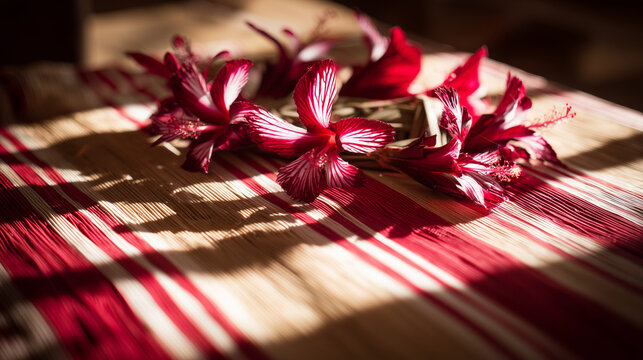 Vibrant hibiscus flowers around traditional ketupat weave, warm sunlight and festive mood. event programs, museum guides, designed for cultural heritage projects and event programs.