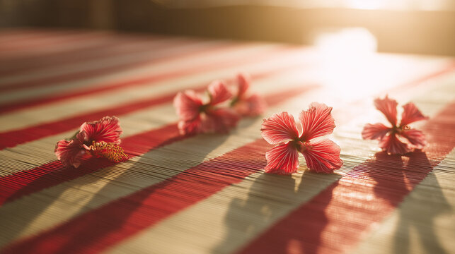 Vibrant hibiscus flowers around traditional ketupat weave, warm sunlight and festive mood. event programs, museum guides, designed for cultural heritage projects and event programs.