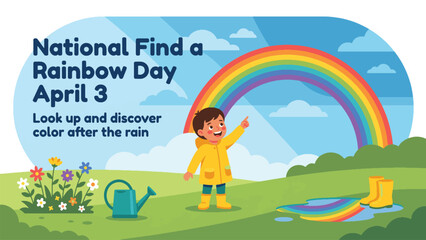 Naklejka premium An illustration for National Find a Rainbow Day on April 3rd, showing a child in a yellow raincoat pointing at a vibrant rainbow over a green landscape with flowers and puddles.