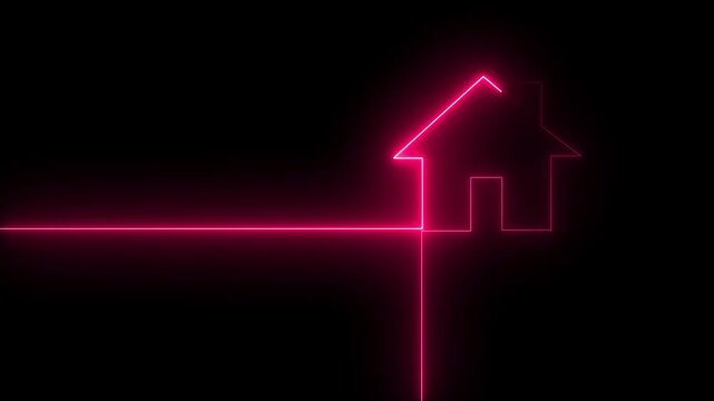 Neon line home icon. Neon line Cool linear animated home icon. House icon glowing neon light on black background 4k video animation.