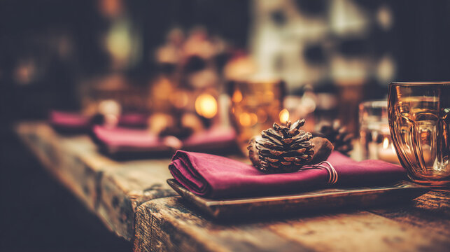 A rustic wooden table setting with burgundy napkins and a pinecone centerpiece, glowing warmly. lifestyle magazines, social media lookbooks, designed for influencer and brand collaborations.