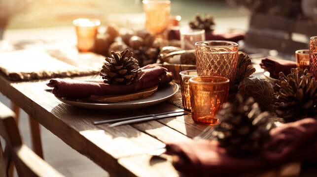 A rustic wooden table setting with burgundy napkins and a pinecone centerpiece, glowing warmly. lifestyle magazines, social media lookbooks, designed for influencer and brand collaborations.