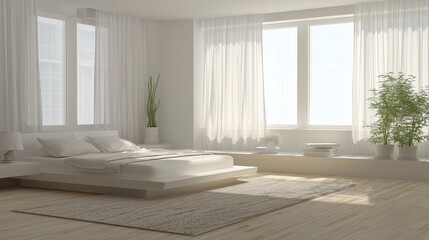 Fototapeta premium Minimalist bedroom featuring neutral tones, clean lines, and soft diffused natural ambient light. lifestyle magazines, social media lookbooks, designed for influencer and brand collaborations.