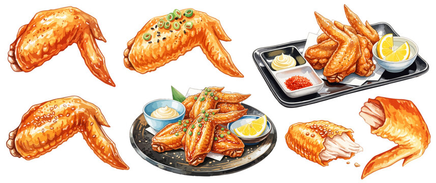 手羽先の唐揚げとチキンウィングのイラストセット｜和食居酒屋、鶏肉、揚げ物、おつまみ