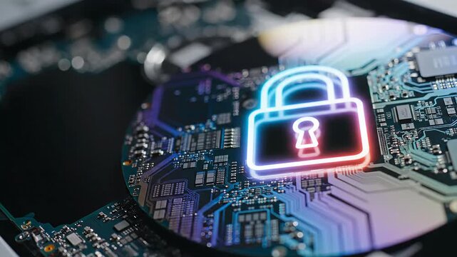Geopolitics ai semiconductor wars resource monopoly cyber security data protection concept neon padlock over circuit board hardware protection data