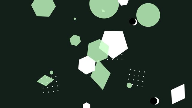 Animated geometric shapes in a colorful hipster memphis style on a dark green background