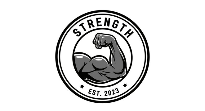 Strength and fitness logo with flexing arm and text EST. 2023