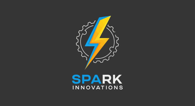 Modern spark logo design with gear and text Spark Innovations
