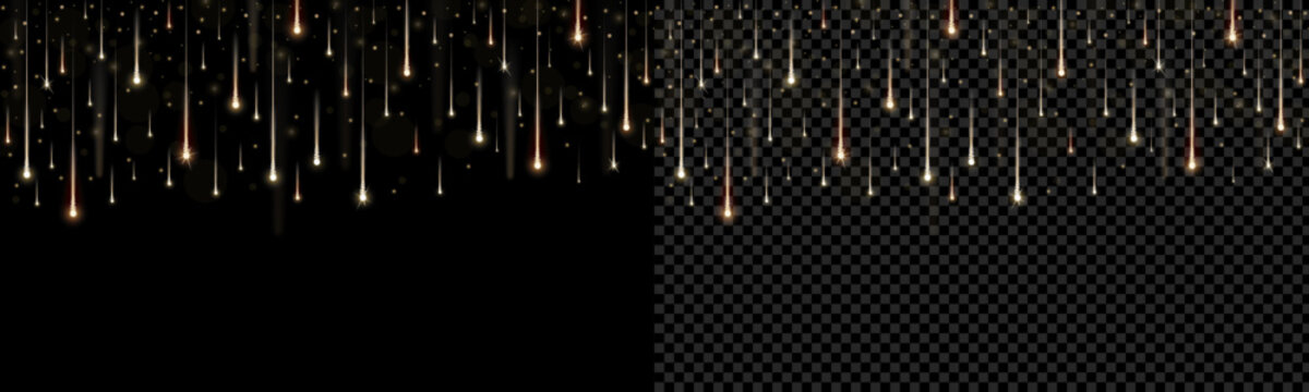 Realistic starfall isolated on black and transparent background. Stars, glitter, sparkles fireworks falling down. Festive celebration element. Vector illustration