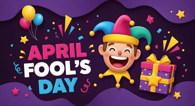 April fools day prankster fun laughing jester with colorful balloons and gifts