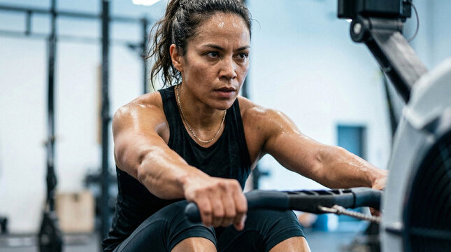 Determined woman rowing on a machine during a workout in a gym.