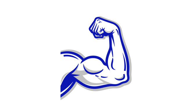 Stylized illustration of a strong muscular arm flexing a bicep as a fitness mascot logo.