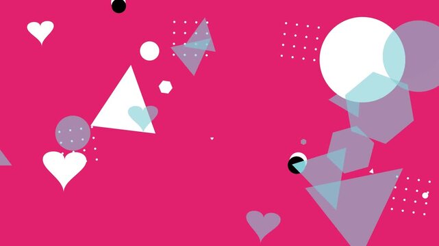 Energetic colorful hipster memphis style animation with floating hearts and geometric patterns