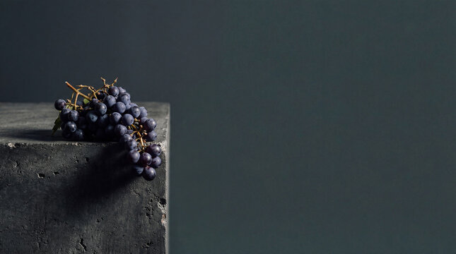 Clusters of ripe purple grapes on gray concrete surface. Minimalist still life composition evoking freshness and harvest abundance. Culinary inspiration for food blogs and web headers in autumn