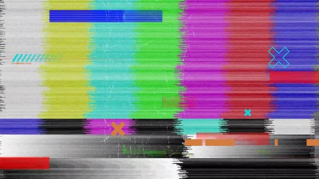 Animation of diverse shapes and lines over tv screen with glitch