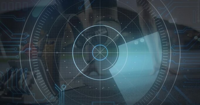 Animation of data processing over disabled caucasian sportsman