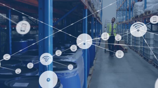 Animation of network of connections with icons over man in warehouse