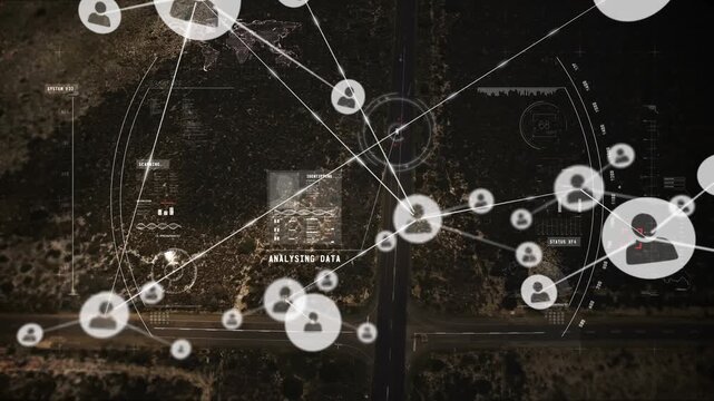 Animation of network of connections and scope scanning over cityscape