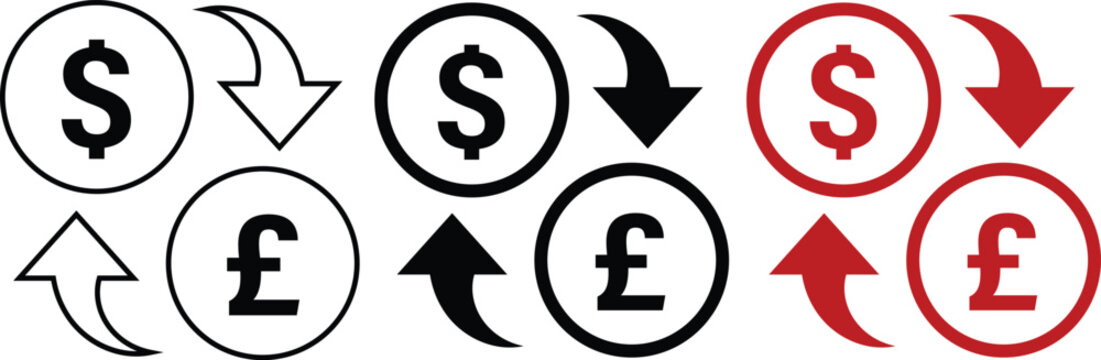 Set of 3 currency exchange icons vector featuring dollar and pound symbols with arrows in black and red