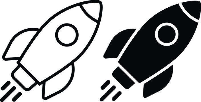 Minimalist rocket launch icon set vector, black and white outline and solid fill, startup business symbol