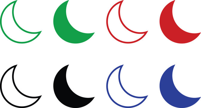 Set of 8 crescent moon vector icons in various colors and outlines for web design