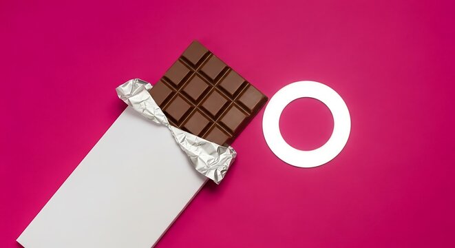 Chocolate bar with open wrapper and white circle on vibrant pink background.