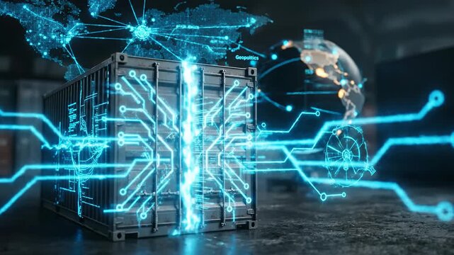 Geopolitics ai semiconductor wars resource monopoly overlay digital container security glowing data network logistics freight connection