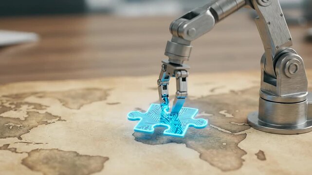 Geopolitics ai semiconductor wars resource monopoly with robotic arm puzzle automation on world map desk ancient map surface