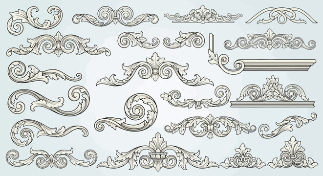 Ornate decorative elements and flourishes for graphic design and architectural embellishments, vintage style