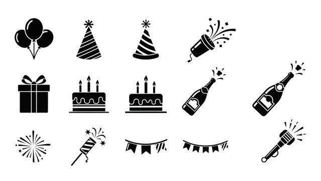 Collection of festive celebration icons including balloons gifts cakes and fireworks for special