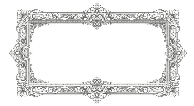 Ornate vintage rectangular frame with elegant floral and scrollwork embellishments in detailed monochrome etching style, perfect for classic design elements