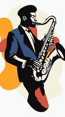 Naklejka premium Stylized minimalist vector illustration of jazz saxophonist playing saxophone in blue suit with abstract colorful background shapes in retro style