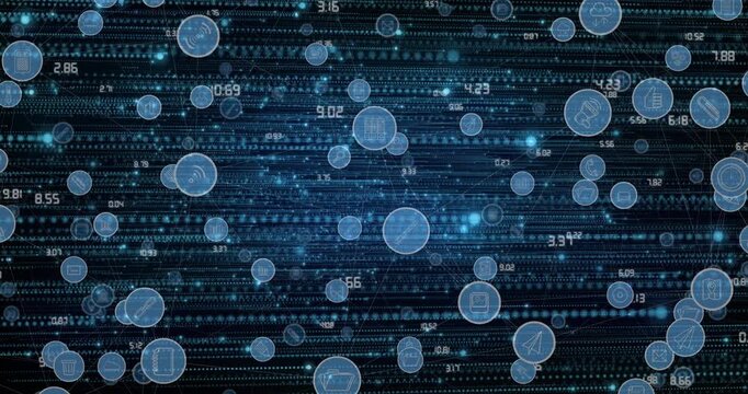 Animation of blue icons and dots over black background