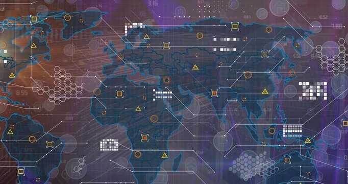 Animation of world map with data processing over network of connections with icons