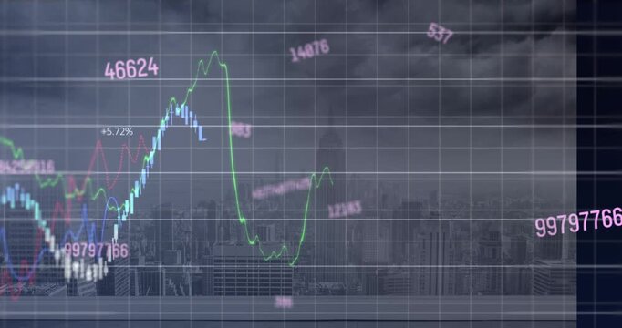 Animation of financial data processing over cityscape