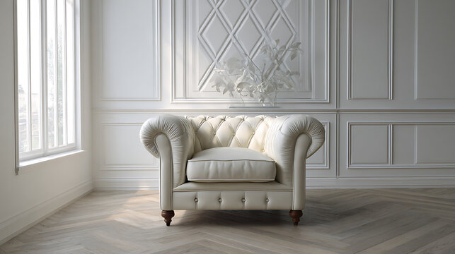 Elegant white leather chesterfield armchair with tufted backrest isolated on transparent background