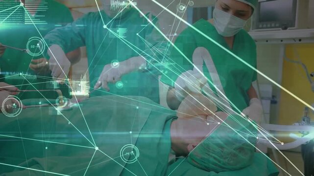 Pulse rates and medical data with networks connects over caucasian surgeons operating patient