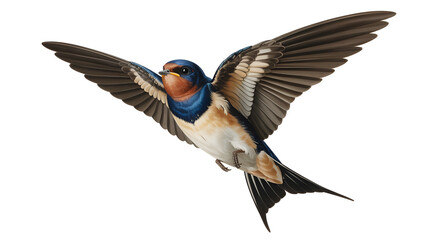 Fototapeta premium A detailed scientific illustration of a barn swallow in mid flight with wings spread wide isolated on transparent white background png