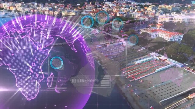 Animation of data processing over cityscape and globe
