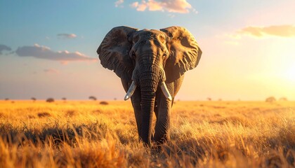 Fototapeta premium Large elephant walking towards camera in savannah during sunset