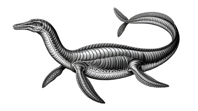 Detailed scientific illustration of an ichthyosaur skeleton with ribcage and fins isolated on transparent white background png