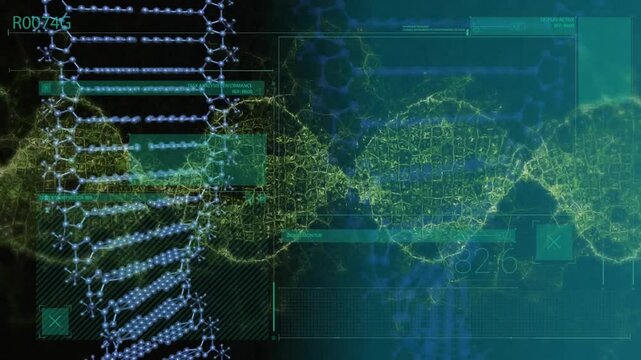 Animation of dna, waves and data on digital screen