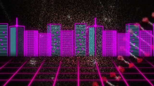 Animation of snow falling over white fir trees cityscape