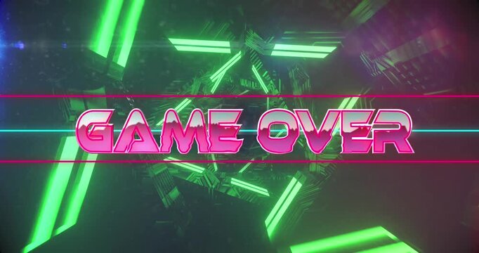 Animation of game over text in pink metallic letters over green neon lights