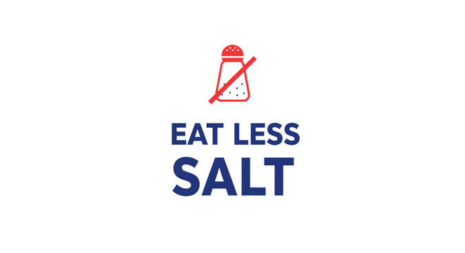 Healthy lifestyle concept: "EAT LESS SALT" text with crossed-out salt shaker icon.