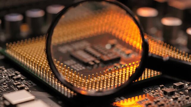 Semiconductor ai geopolitics monopoly wars resource macro closeup magnifying glass circuit board technology research tension abstract magnifying