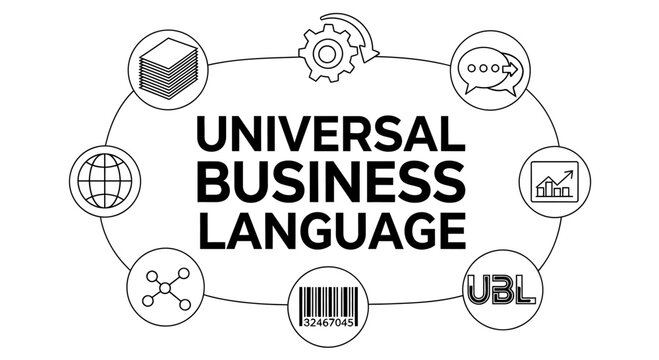 Universal Business Language (UBL) concept illustration with business icons and symbols.
