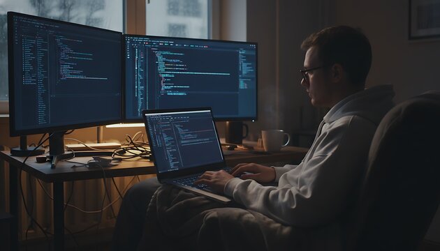 A man sitting in a dark room working on computer code across multiple screens