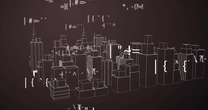 Animation of looping symbols and signs over rotating cityscape against gray background