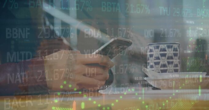 Animation of trading board, multiple graphs over cropped hands of caucasian man using cellphone